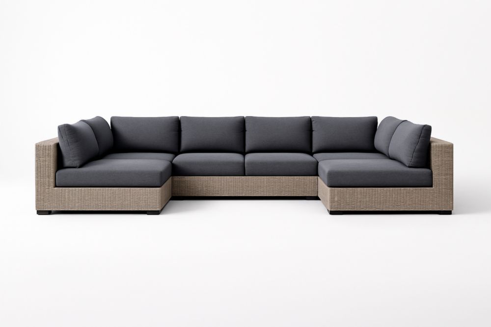 Canapé d'angle modulaire en résine tressée et tissu gris anthracite