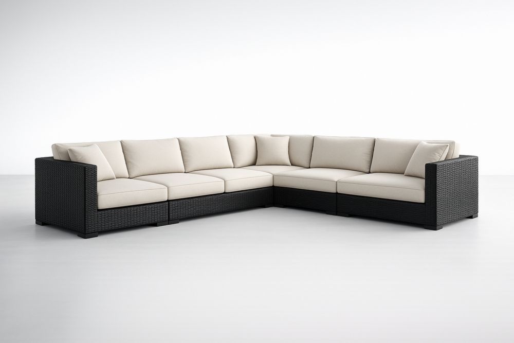 Canapé d'angle modulaire en résine tressée avec coussins en tissu polyester