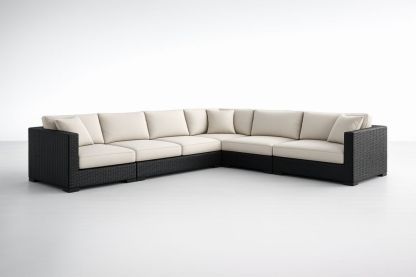 Canapé d'angle modulaire en résine tressée avec coussins en tissu polyester