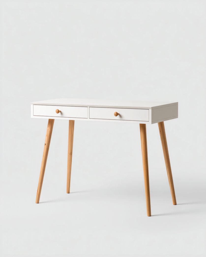 Bureau blanc avec pieds marrons et deux tiroirs-Femlu Live