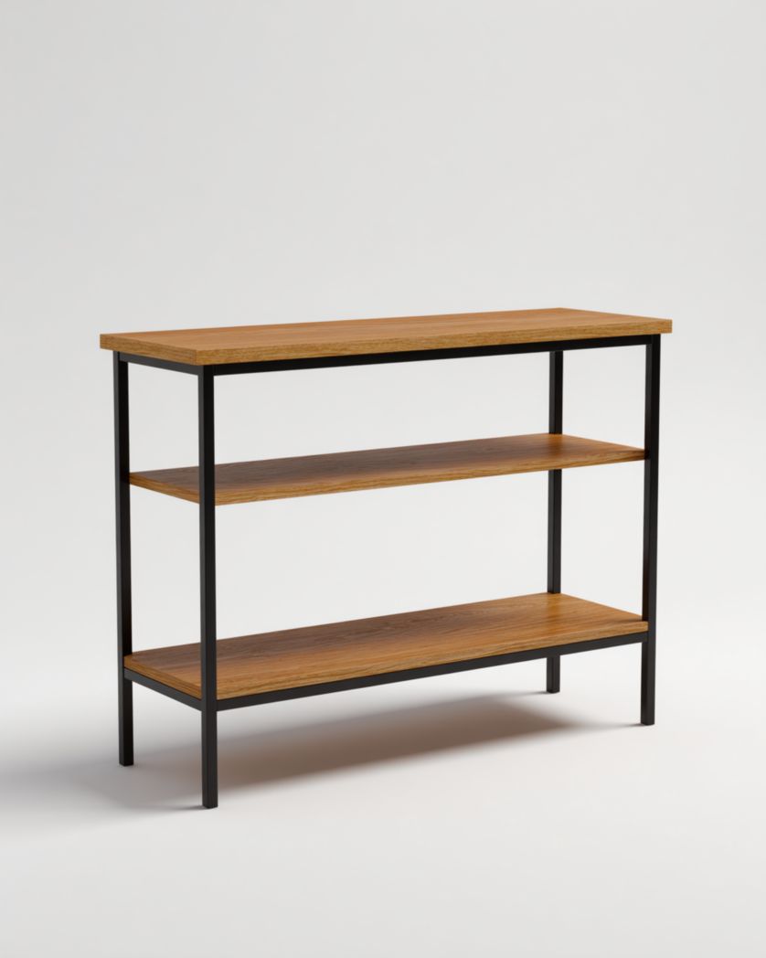 Console à trois niveaux avec structure en métal noir et étagères marron clair-Femlu Live