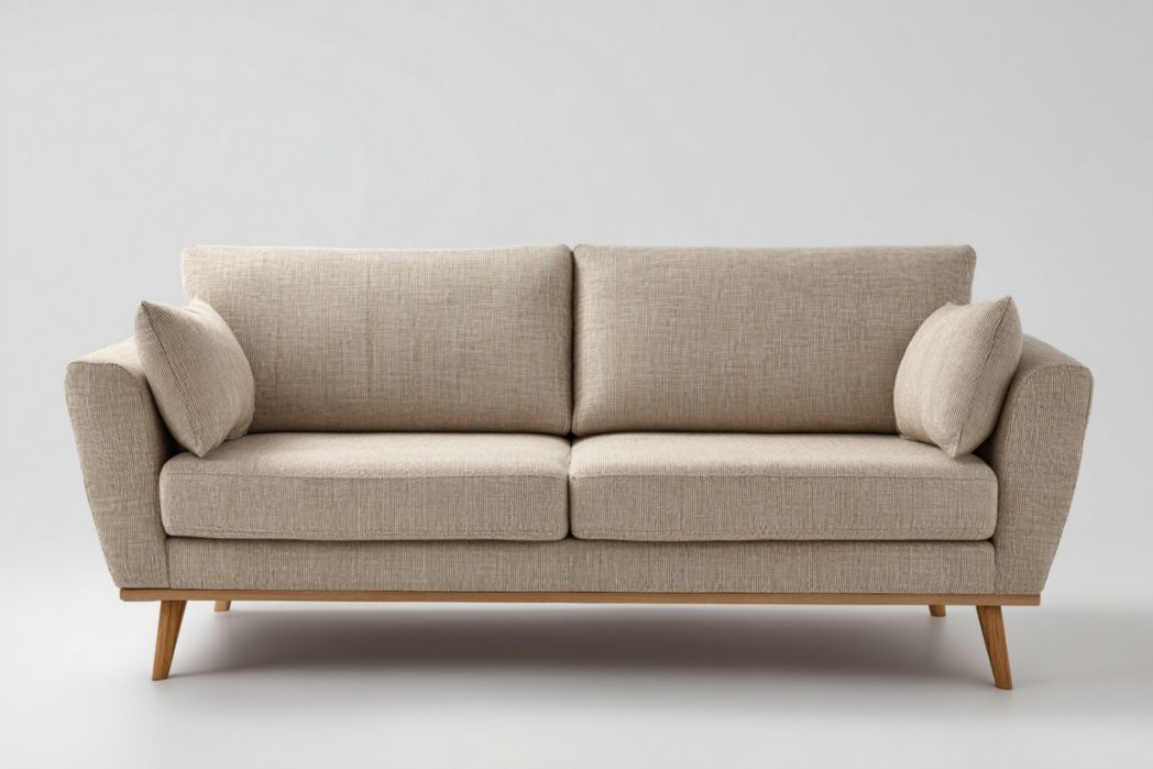 Canapé deux places recouvert de tissu beige avec pieds en bois marron-Femlu Live