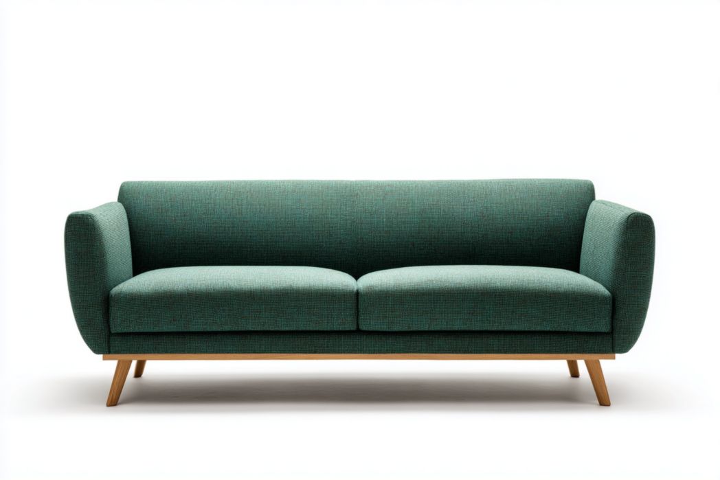 Canapé trois places recouvert de tissu vert avec pieds en bois marron-Femlu Live