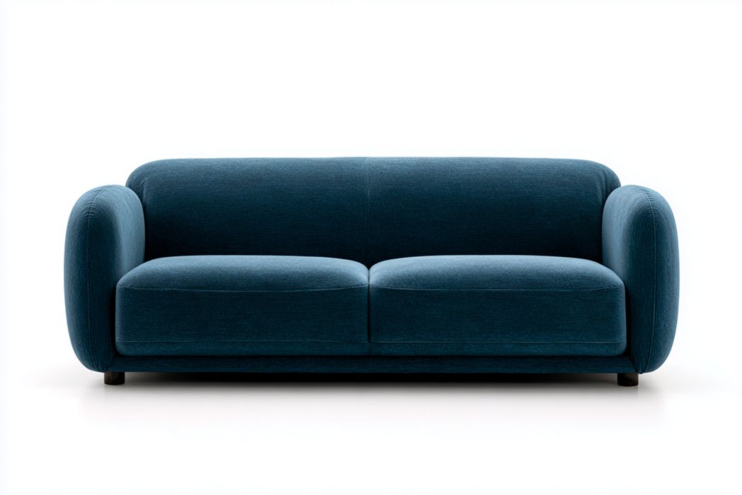 Canapé trois places recouvert de tissu bleu foncé avec un design à bords arrondis-Femlu Live