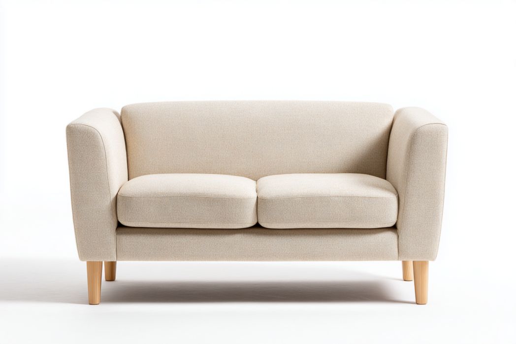 Canapé deux places recouvert de tissu blanc crème avec pieds marron clair-Femlu Live