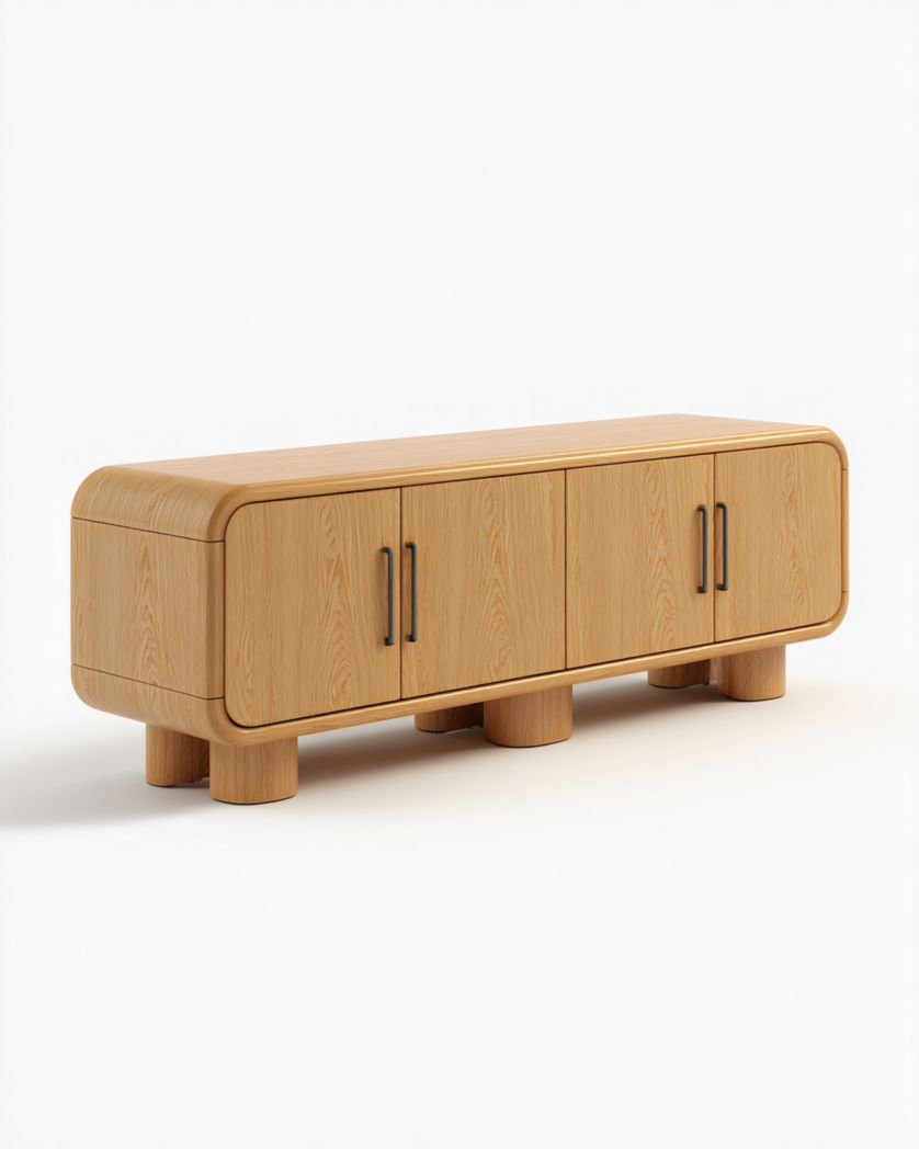 Meuble TV en bois jaune clair avec un design à quatre portes-Femlu Live