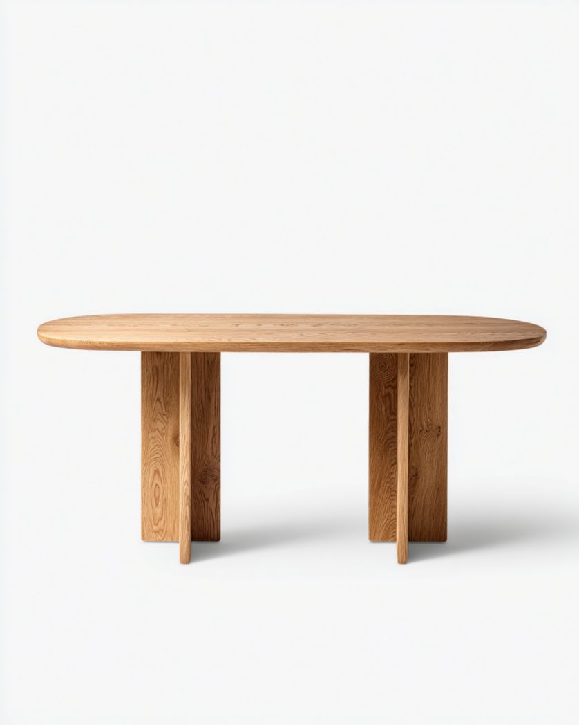 Table de salle à manger en bois marron avec plateau ovale.-Femlu Live