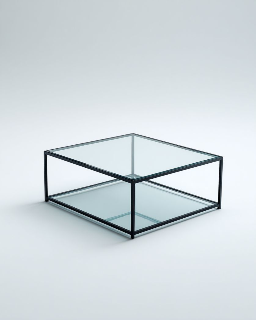 Table basse carrée avec plateau en verre transparent et structure en métal noir-Femlu Live