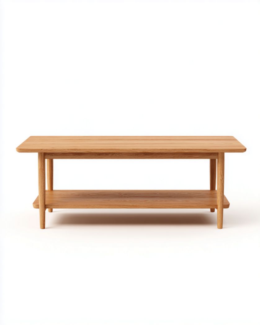 Table basse rectangulaire en bois brun clair avec double étagère.-Femlu Live
