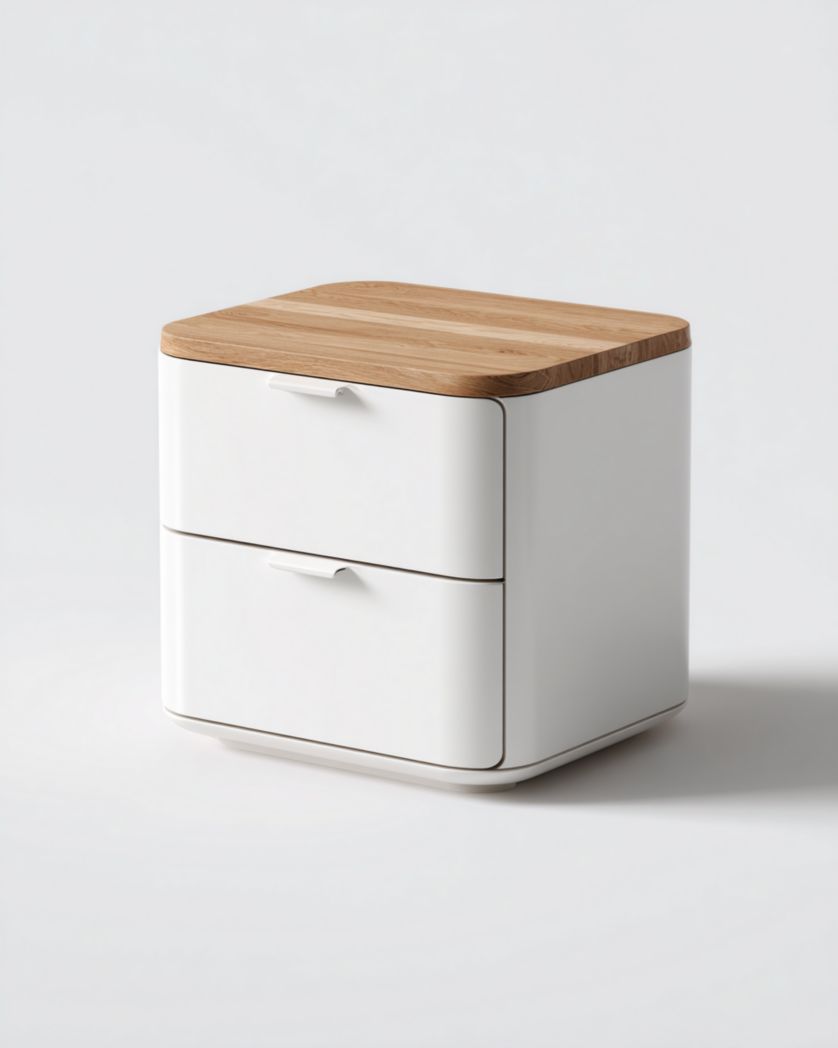 Table de chevet à deux tiroirs blanche (plateau marron clair)-Femlu Live