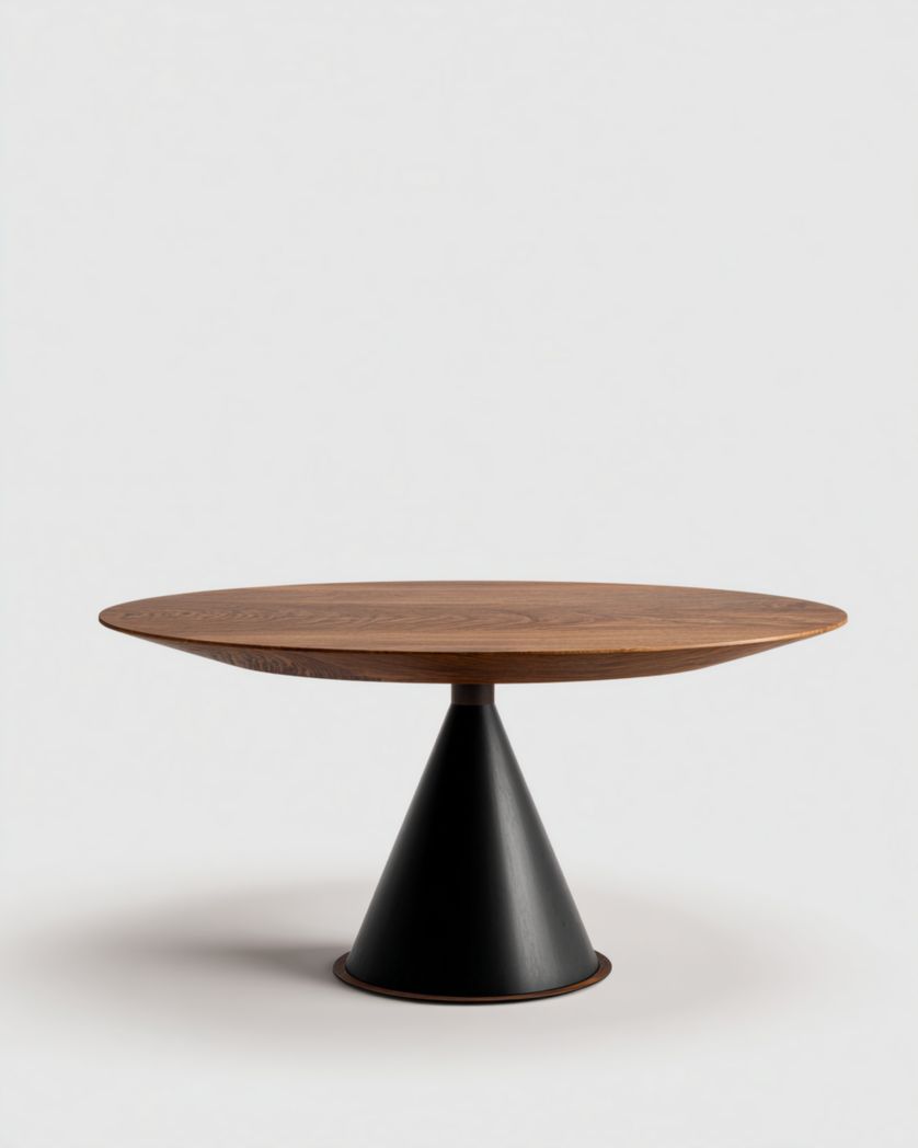 Table ronde avec un plateau en bois brun et un pied conique noir-Femlu Live