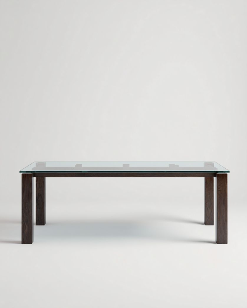 Table de salle à manger avec plateau en verre transparent et cadre brun foncé-Femlu Live