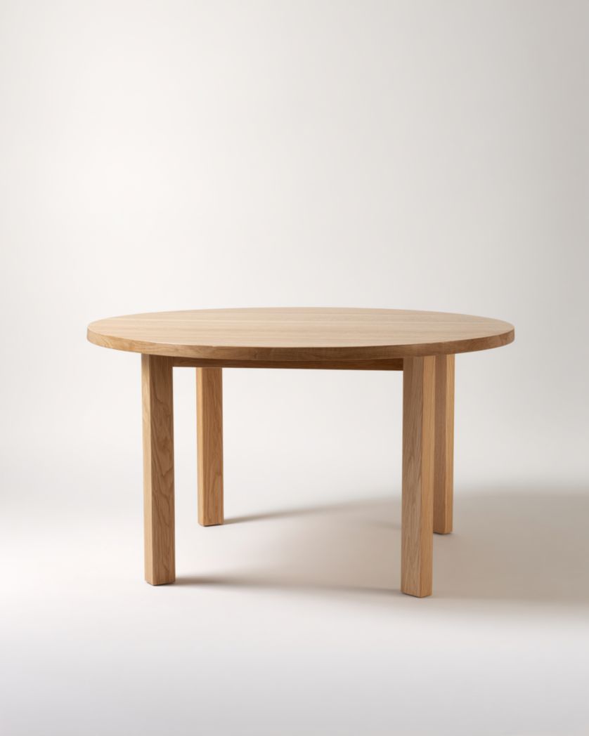 Table ronde en bois de couleur brun clair avec une structure à quatre pieds-Femlu Live