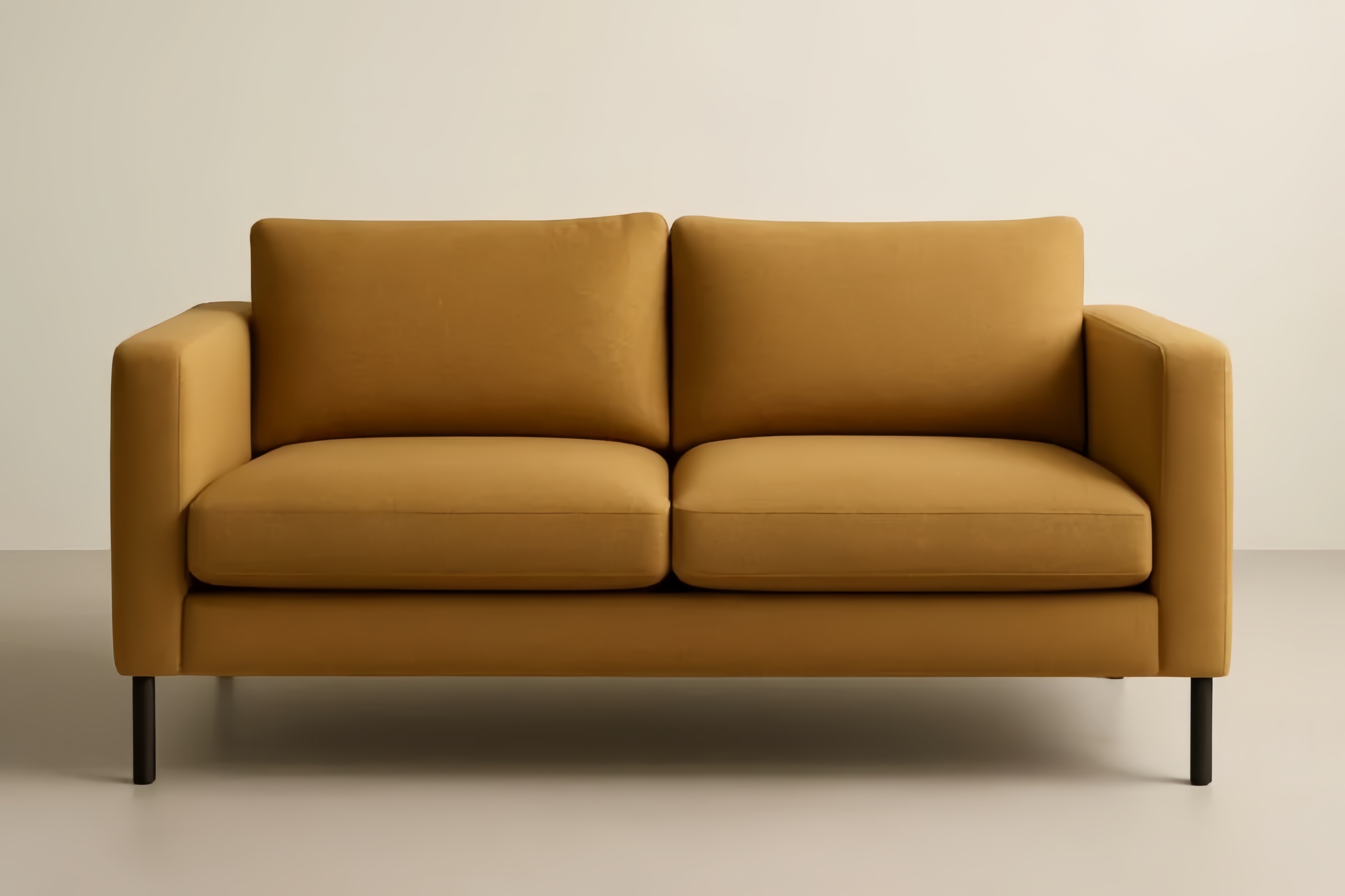 Divano a Due Posti in Tessuto Poliestere Giallo Senape con Gambe in Acciaio