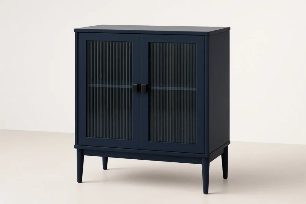 Mobile contenitore a due ante in legno e vetro blu, dimensioni: 90 × 40 × 90 cm