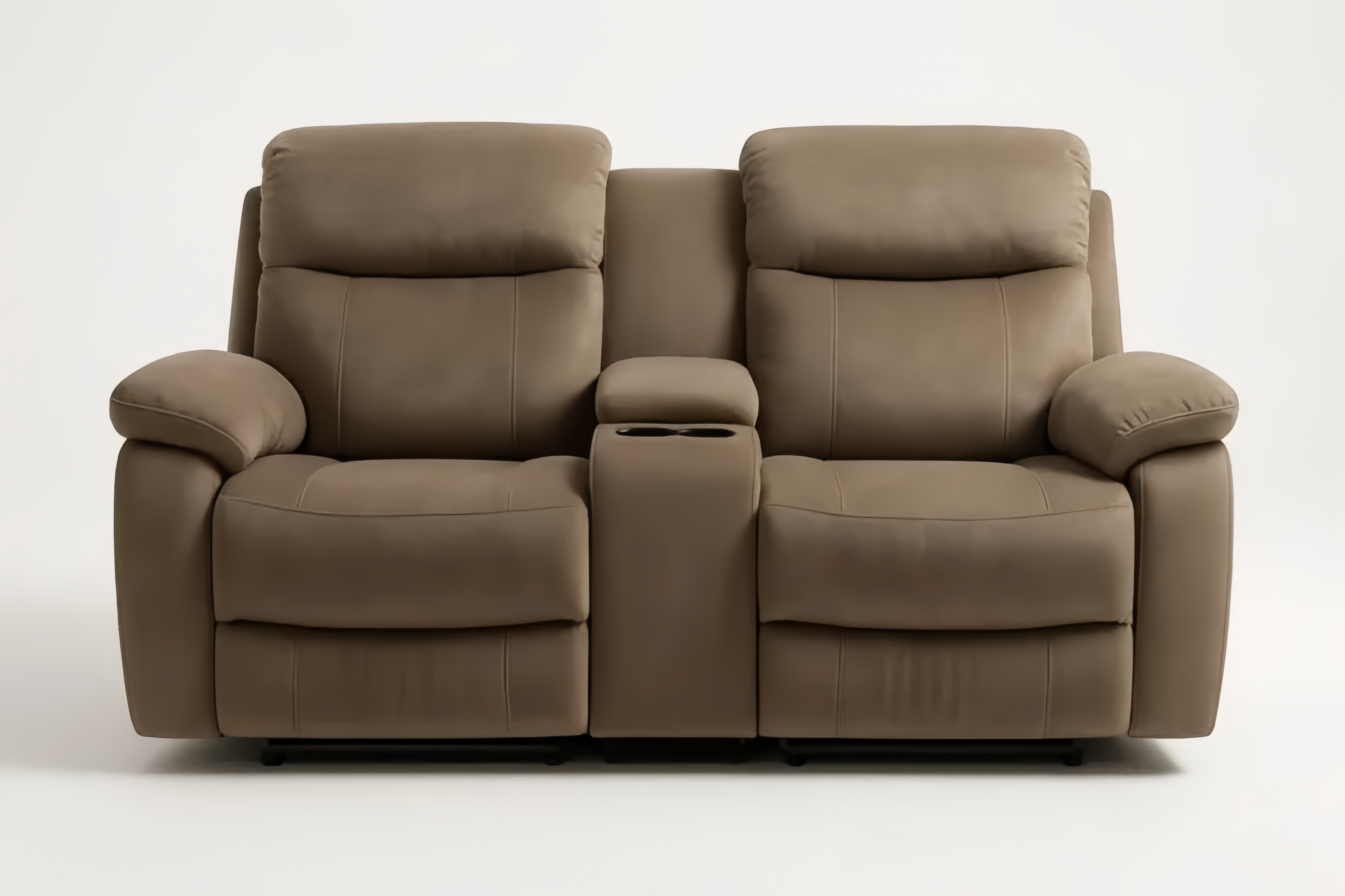 Divano reclinabile a due posti in pelle sintetica marrone con porta bicchieri