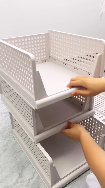 TidyIsles - Foldable Closet Organizer, 4 Pack Stackable Storage Boxes, Plastic Storage Baskets, Drawers for Bedroom, Kitchen and Bathroom Organization, White