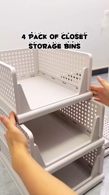 TidyIsles - Foldable Closet Organizer, 4 Pack Stackable Storage Boxes, Plastic Storage Baskets, Drawers for Bedroom, Kitchen and Bathroom Organization, White