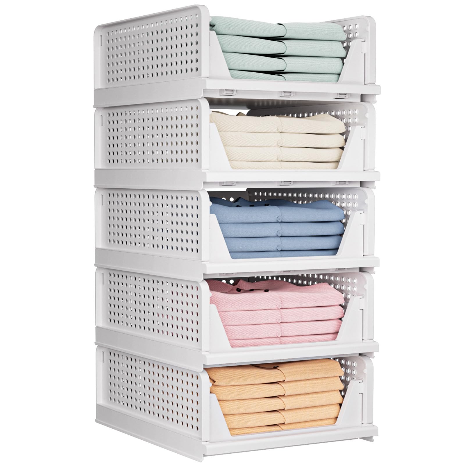 TidyIsles - Wardrobe Storage Organiser - 5 Pack Folding Closet Organisers, Stackable Storage Boxes, Plastic Drawer Organiser Basket for Bedroom Kitchen Bathroom White