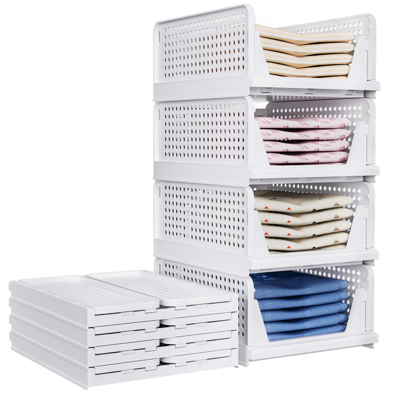 TidyIsles - 8 Pack Plastic Folding Closet Stackable Storage Basket Closet Storage White