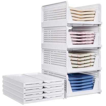 TidyIsles - 8 Pack Plastic Folding Closet Stackable Storage Basket Closet Storage White