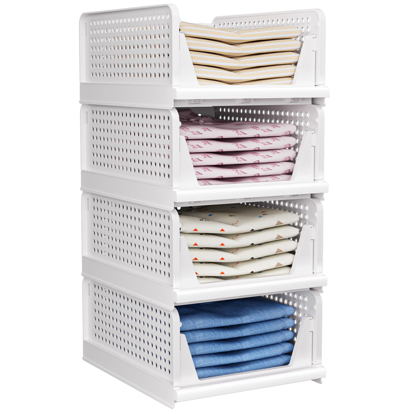 TidyIsles - Foldable Closet Organizer, 4 Pack Stackable Storage Boxes, Plastic Storage Baskets, Drawers for Bedroom, Kitchen and Bathroom Organization, White