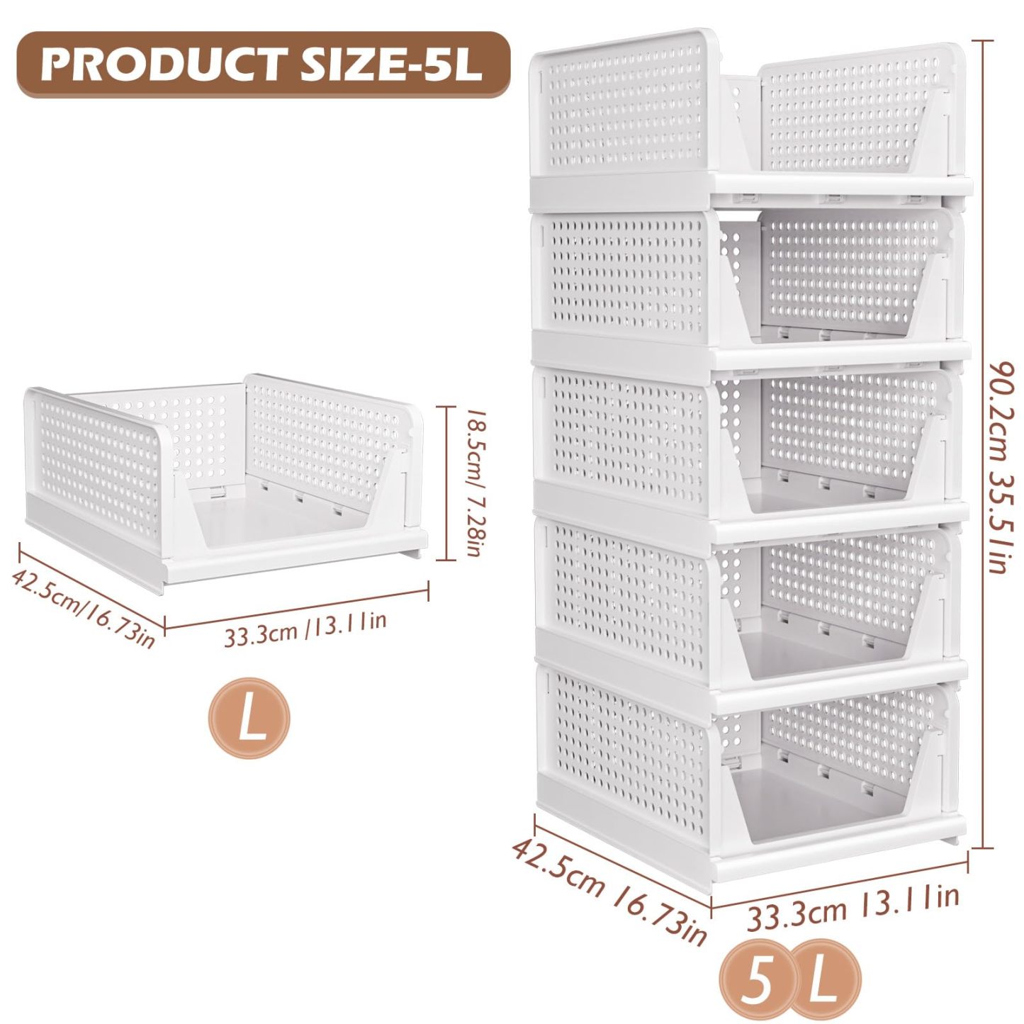 TidyIsles - Wardrobe Storage Organiser - 5 Pack Folding Closet Organisers, Stackable Storage Boxes, Plastic Drawer Organiser Basket for Bedroom Kitchen Bathroom White