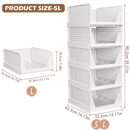 TidyIsles - Wardrobe Storage Organiser - 5 Pack Folding Closet Organisers, Stackable Storage Boxes, Plastic Drawer Organiser Basket for Bedroom Kitchen Bathroom White