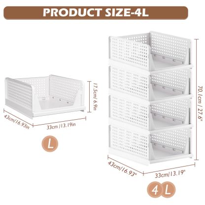 TidyIsles - Foldable Closet Organizer, 4 Pack Stackable Storage Boxes, Plastic Storage Baskets, Drawers for Bedroom, Kitchen and Bathroom Organization, White