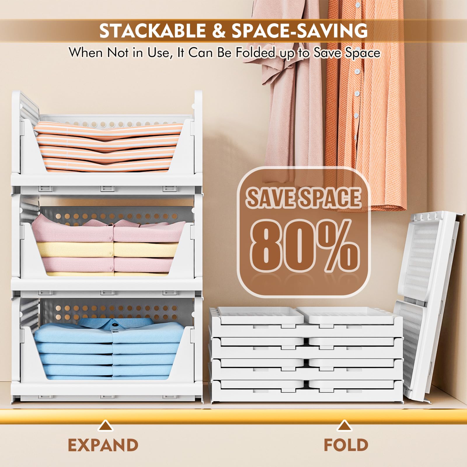 TidyIsles - Wardrobe Storage Organiser - 5 Pack Folding Closet Organisers, Stackable Storage Boxes, Plastic Drawer Organiser Basket for Bedroom Kitchen Bathroom White