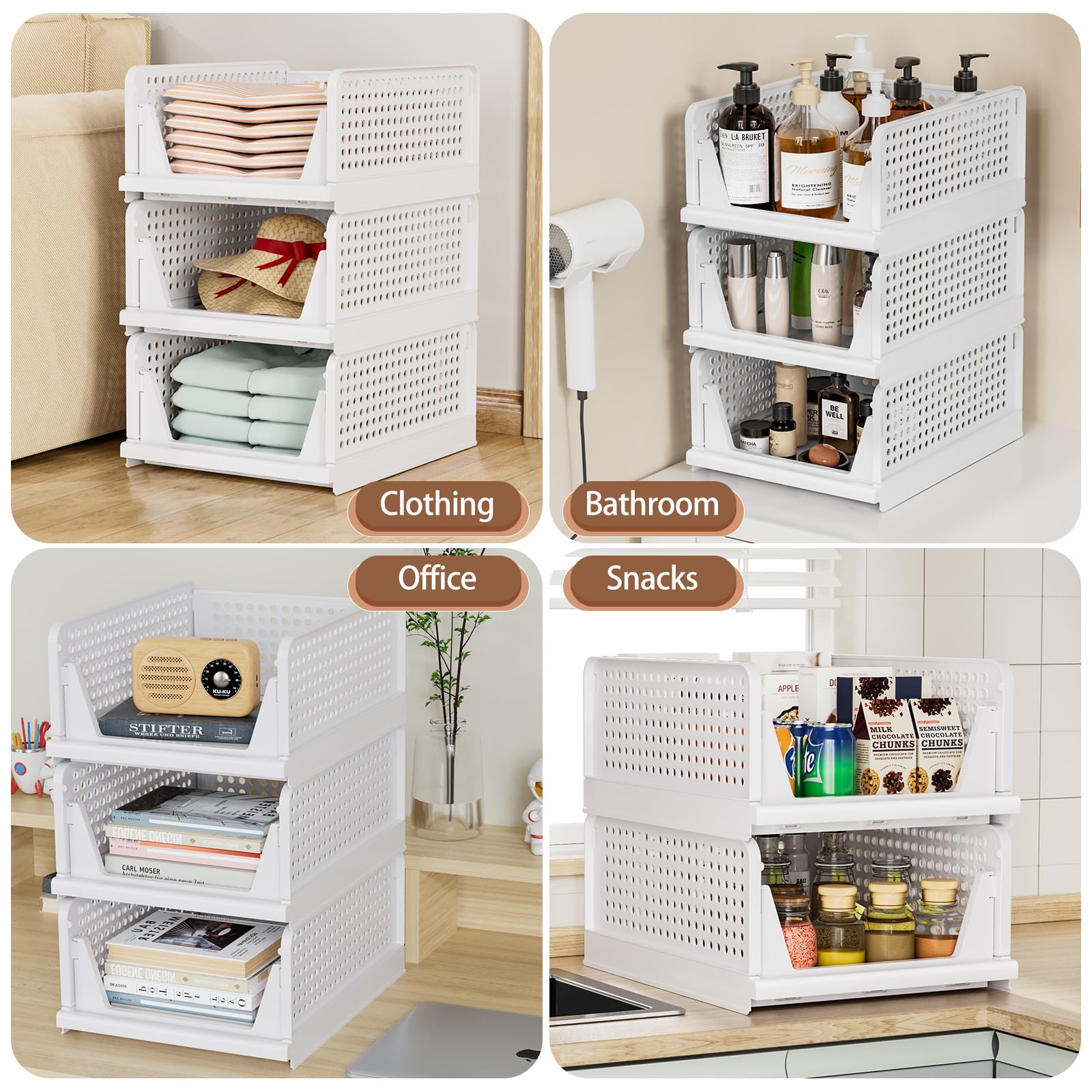 TidyIsles - Foldable Closet Organizer, 4 Pack Stackable Storage Boxes, Plastic Storage Baskets, Drawers for Bedroom, Kitchen and Bathroom Organization, White