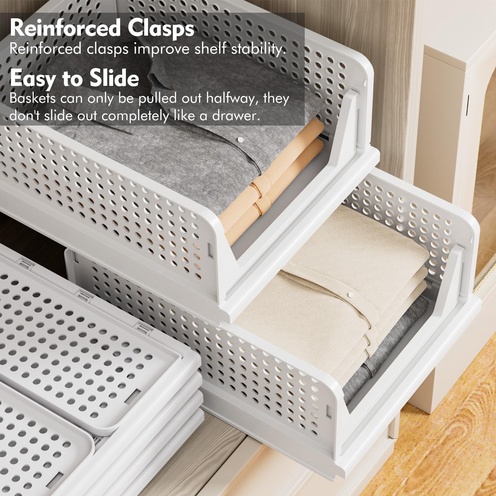 TidyIsles - Wardrobe Storage Organiser - 5 Pack Folding Closet Organisers, Stackable Storage Boxes, Plastic Drawer Organiser Basket for Bedroom Kitchen Bathroom White