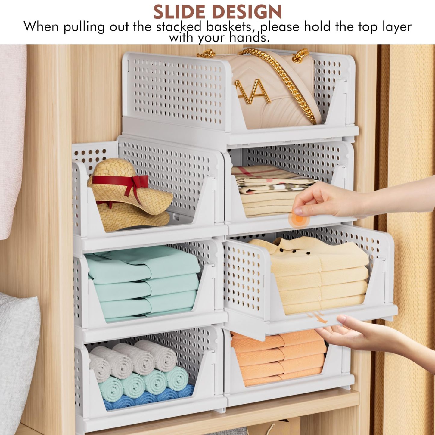 TidyIsles - Wardrobe Storage Organiser - 5 Pack Folding Closet Organisers, Stackable Storage Boxes, Plastic Drawer Organiser Basket for Bedroom Kitchen Bathroom White