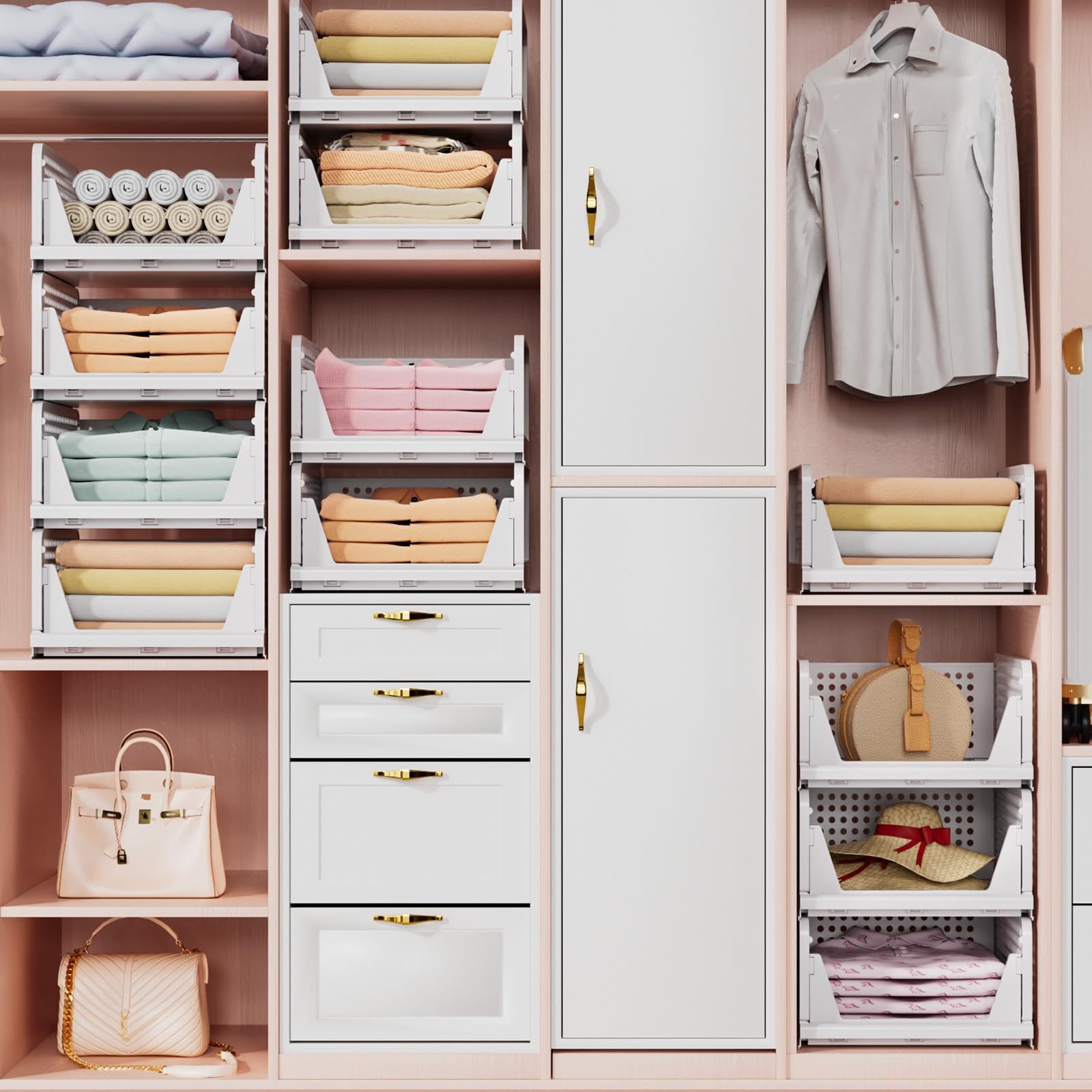 TidyIsles - Wardrobe Storage Organiser - 5 Pack Folding Closet Organisers, Stackable Storage Boxes, Plastic Drawer Organiser Basket for Bedroom Kitchen Bathroom White