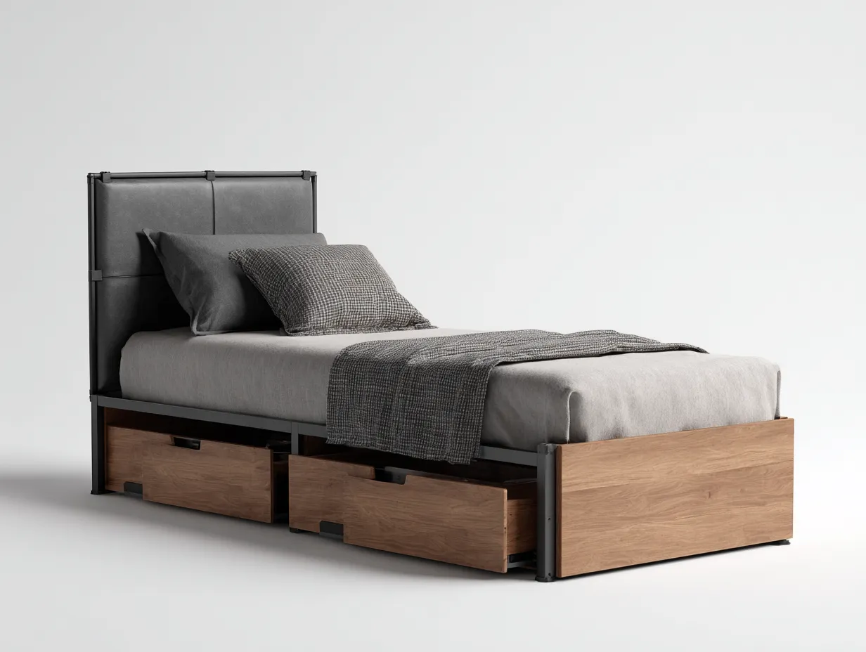 Lit simple - métal-bois-tissu - 205x96x88 cm - gris-marron - design moderne-Bamboouply