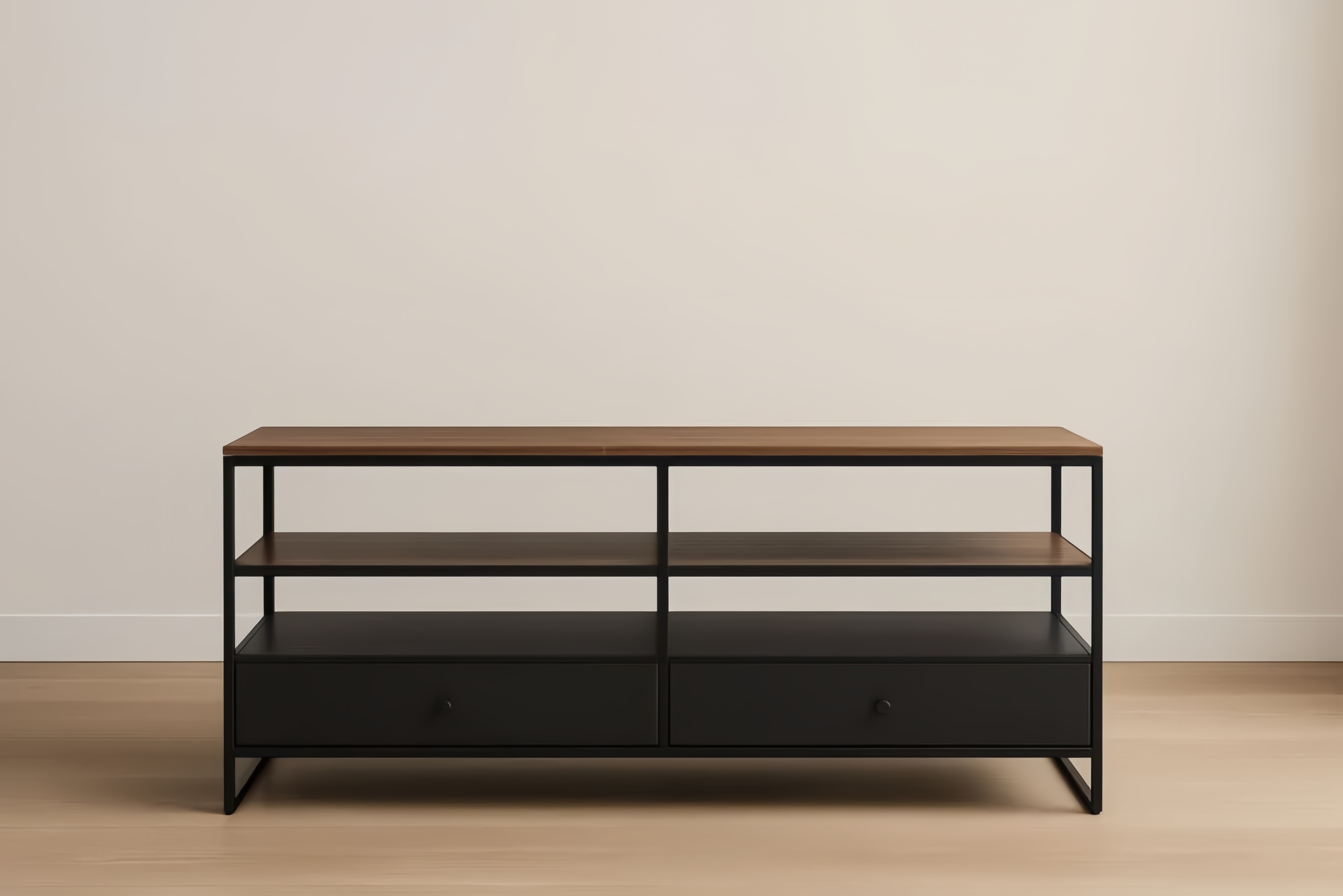 Mobile TV in Legno e Metallo Nero con Due Ripiani e Due Cassetti