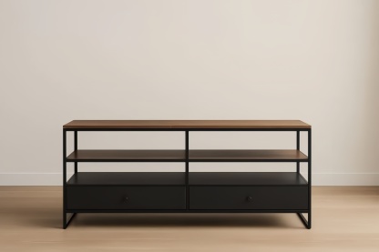Mobile TV in Legno e Metallo Nero con Due Ripiani e Due Cassetti