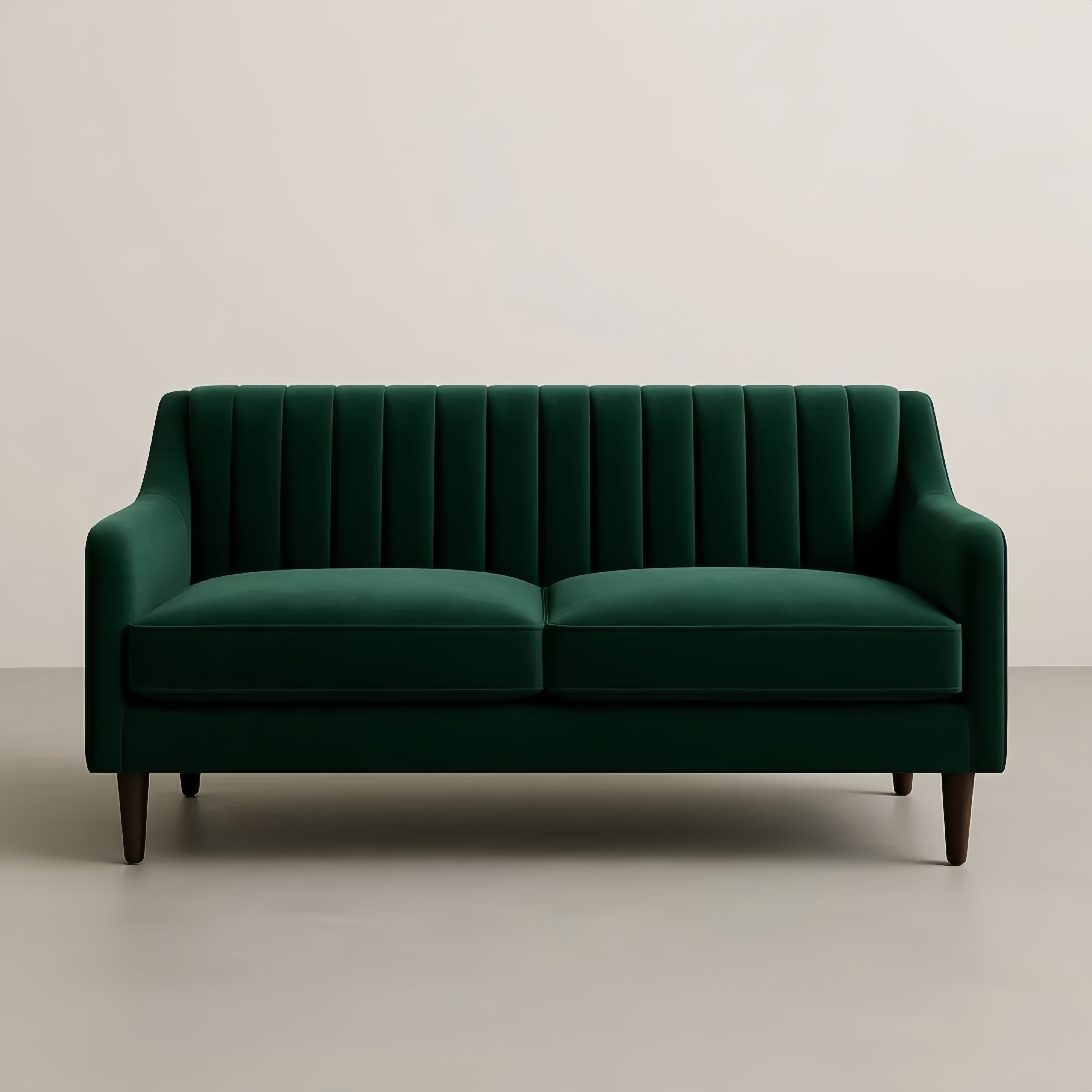 Divano 2 posti in velluto verde con gambe in legno massello