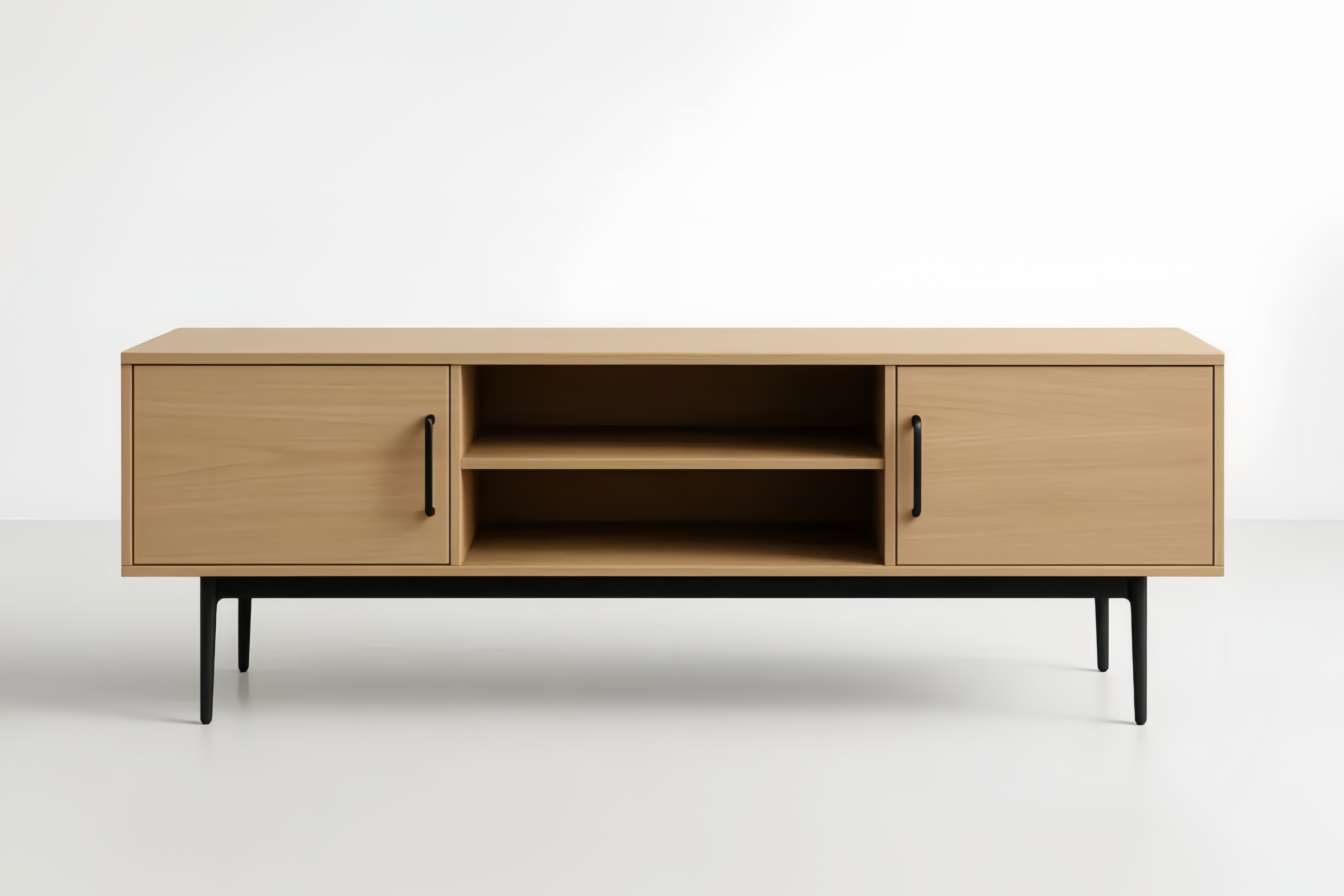 Mobile porta TV in MDF impiallacciato rovere naturale con gambe in metallo nero