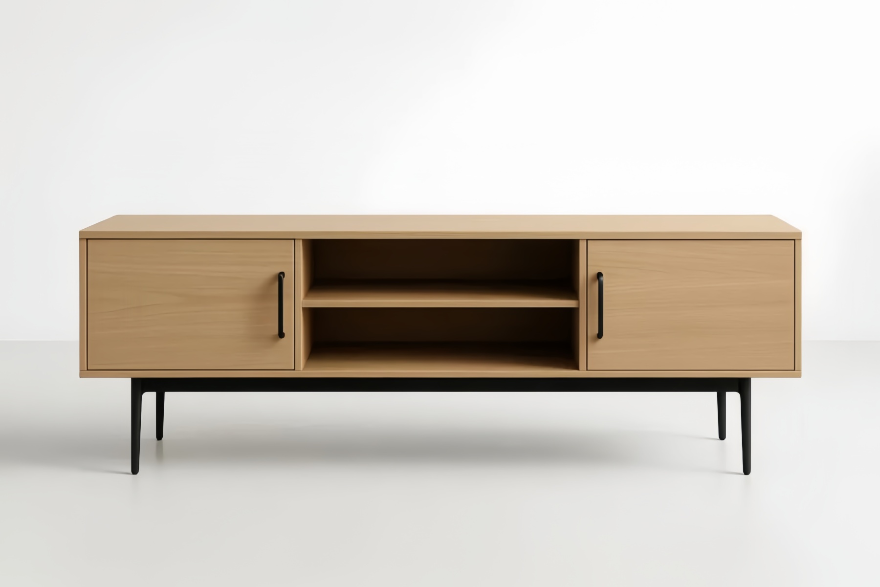 Mobile porta TV in MDF impiallacciato rovere naturale con gambe in metallo nero