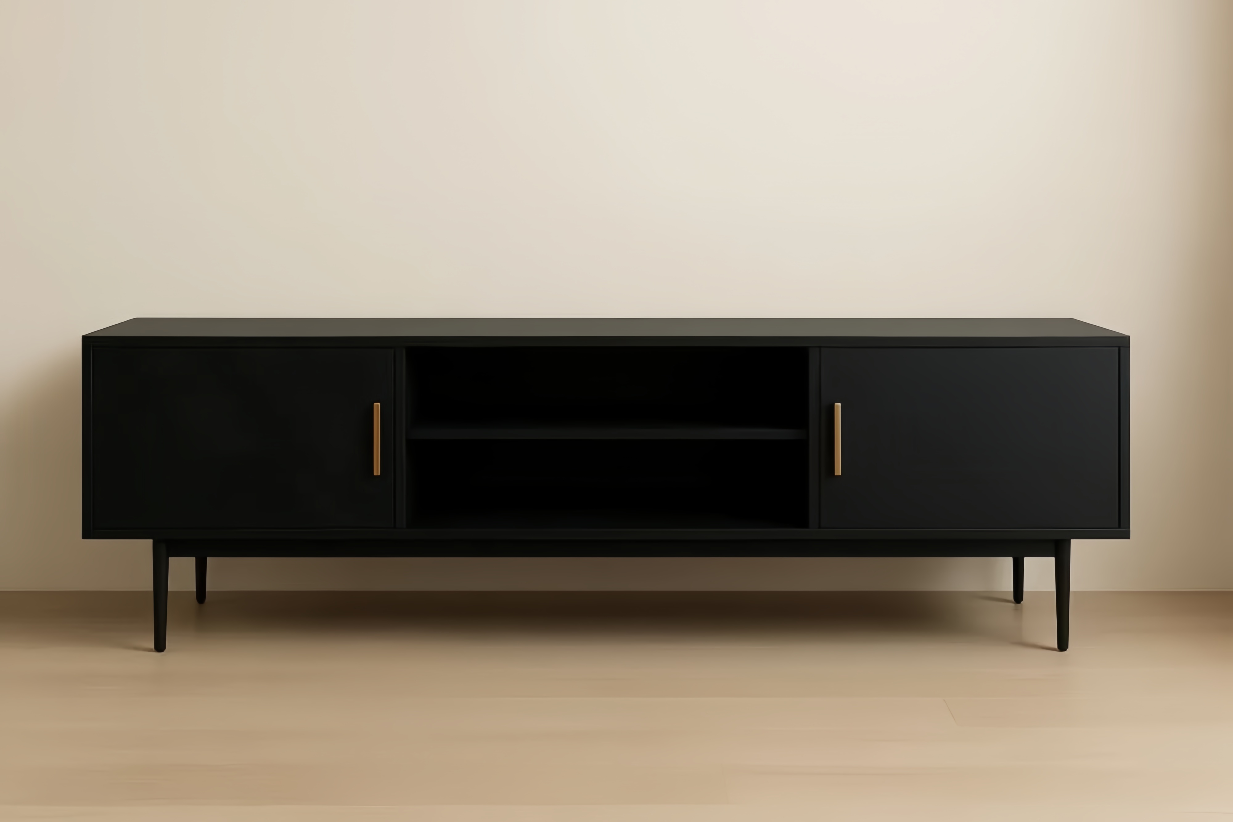 Mobile TV in MDF nero con ripiani e ante 180x45x60 cm