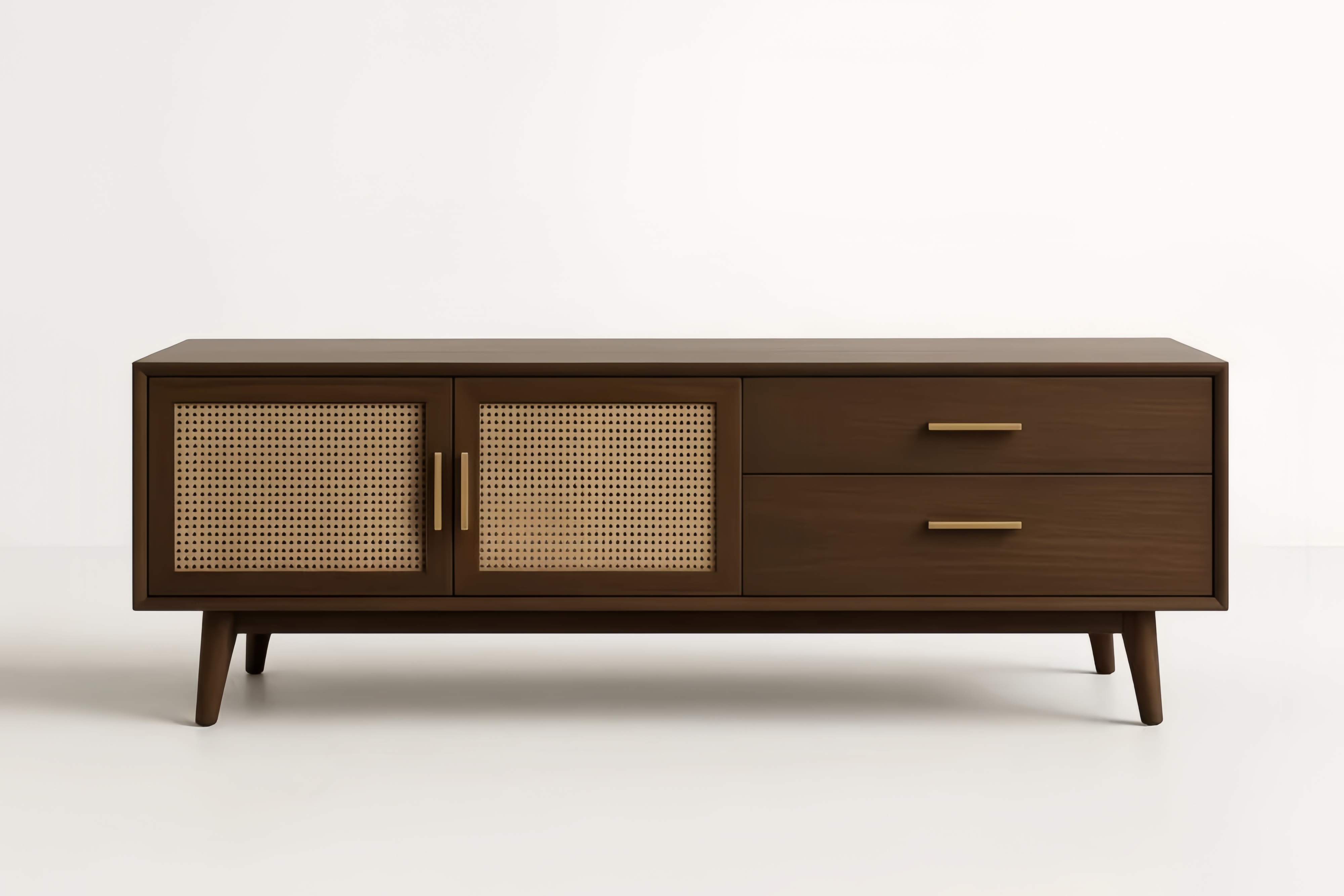 Mobile TV legno e rattan marrone con due cassetti 140x45x50 cm