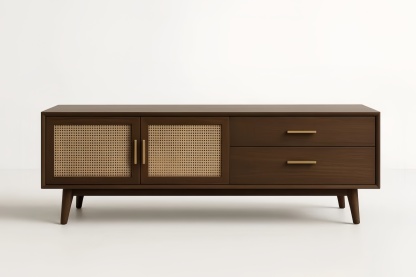 Mobile TV legno e rattan marrone con due cassetti 140x45x50 cm