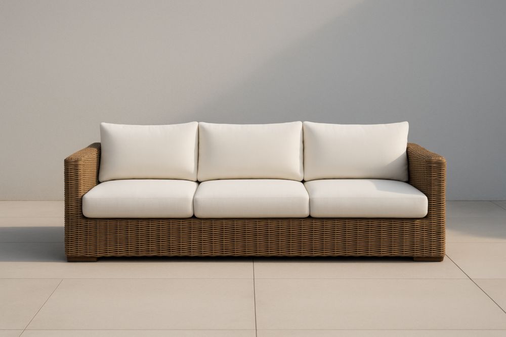 Divano da tre posti da giardino in rattan sintetico con cuscini crema