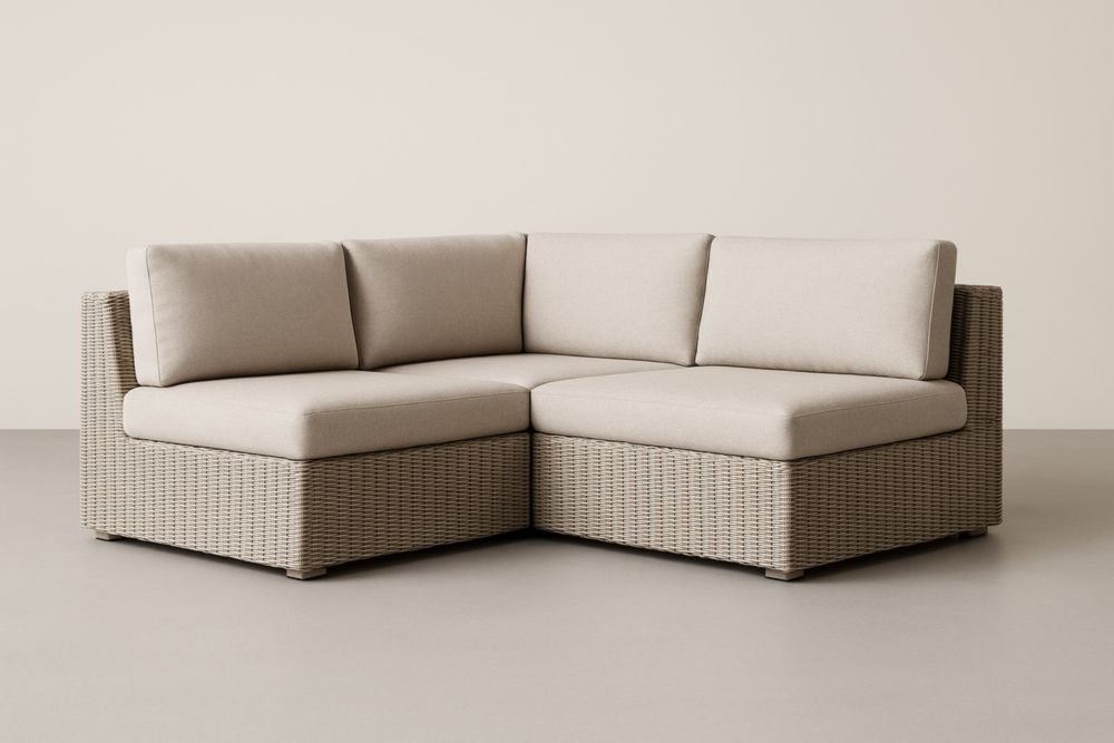 Divano angolare modulare da giardino in vimini beige con cuscini in poliestere