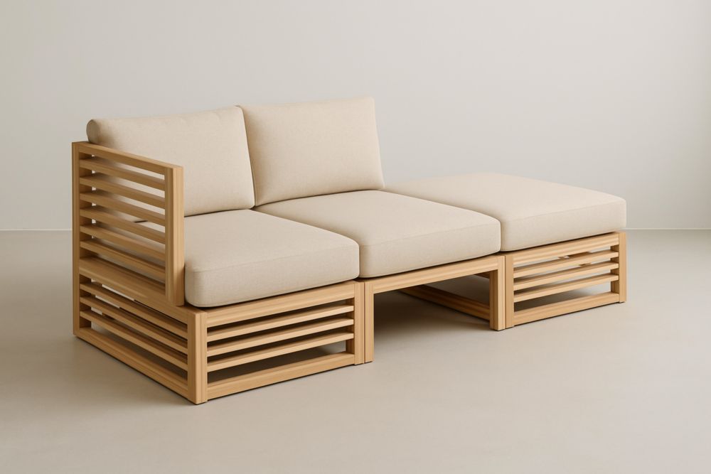 Divano modulare da giardino in legno massello con cuscini beige da tre posti