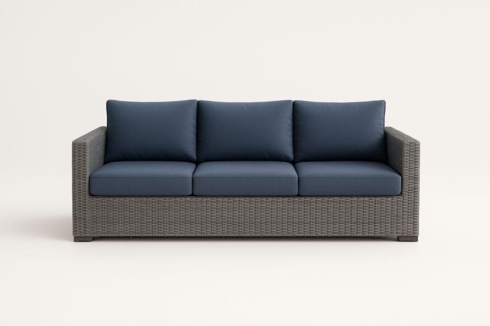 Divano da tre posti da giardino in rattan sintetico grigio con cuscini in poliestere blu