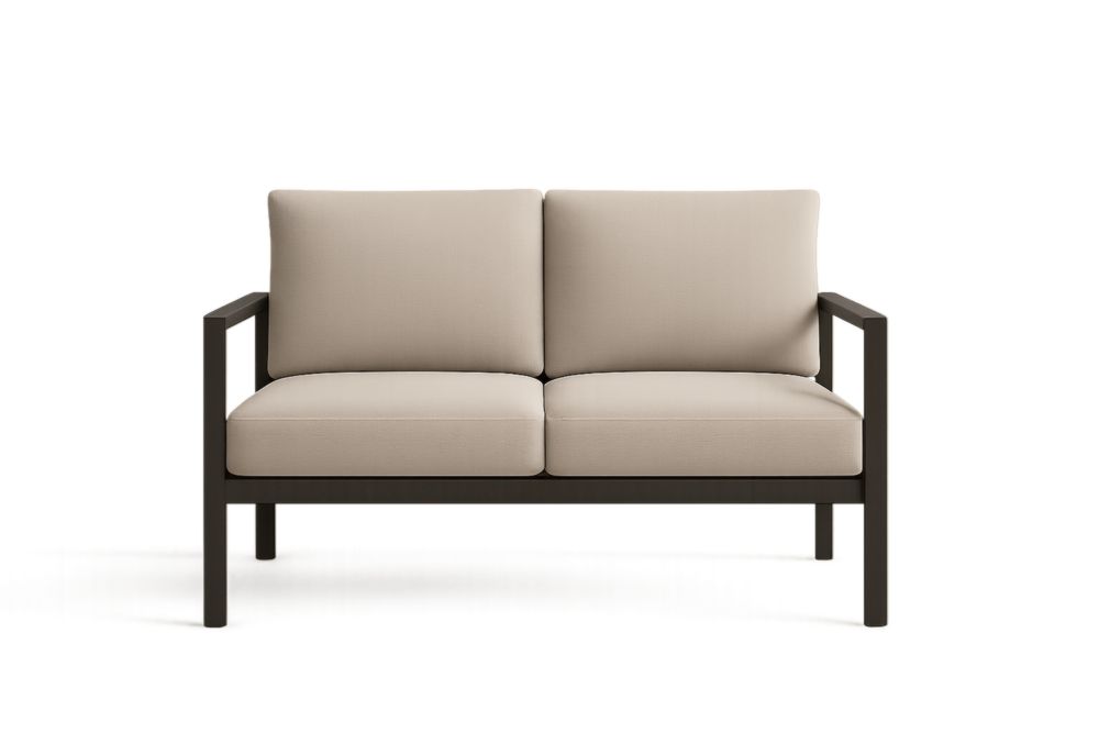 Divano da due posti da giardino in acciaio con cuscini beige