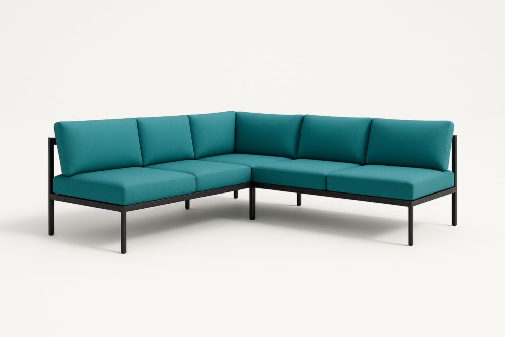 Divano angolare a L da giardino in acciaio nero con cuscini in poliestere turchese
