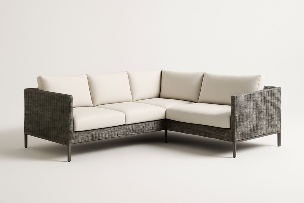 Divano Angolare da Esterno in Rattan con Cuscini Crema